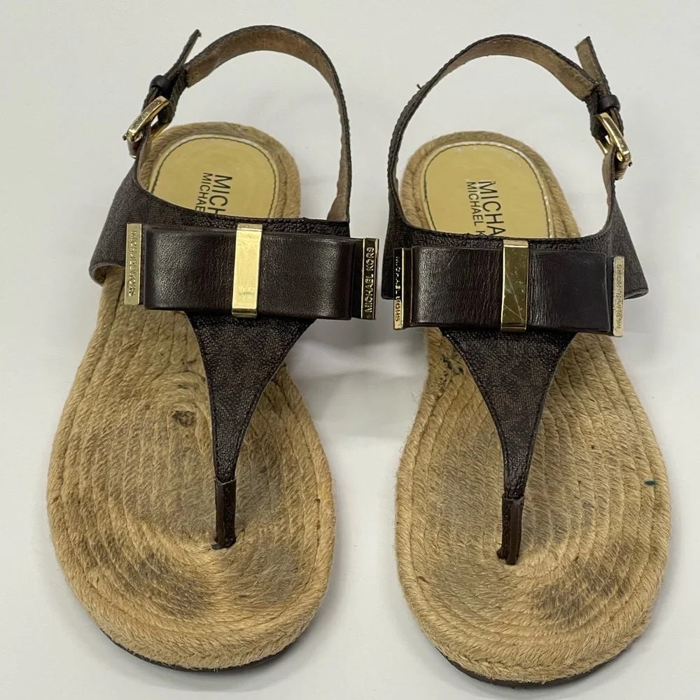 Michael Kors Espadrille Thongs Sandals Gold Brown Bow Flat Sandal Boho Vacation